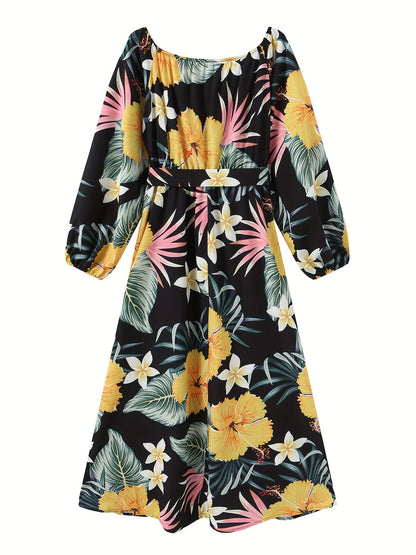 Vintage Off Shoulder Tribal Print Belted Women's Swing Aline Dress with Ruffle Hem Lantern Sleeve