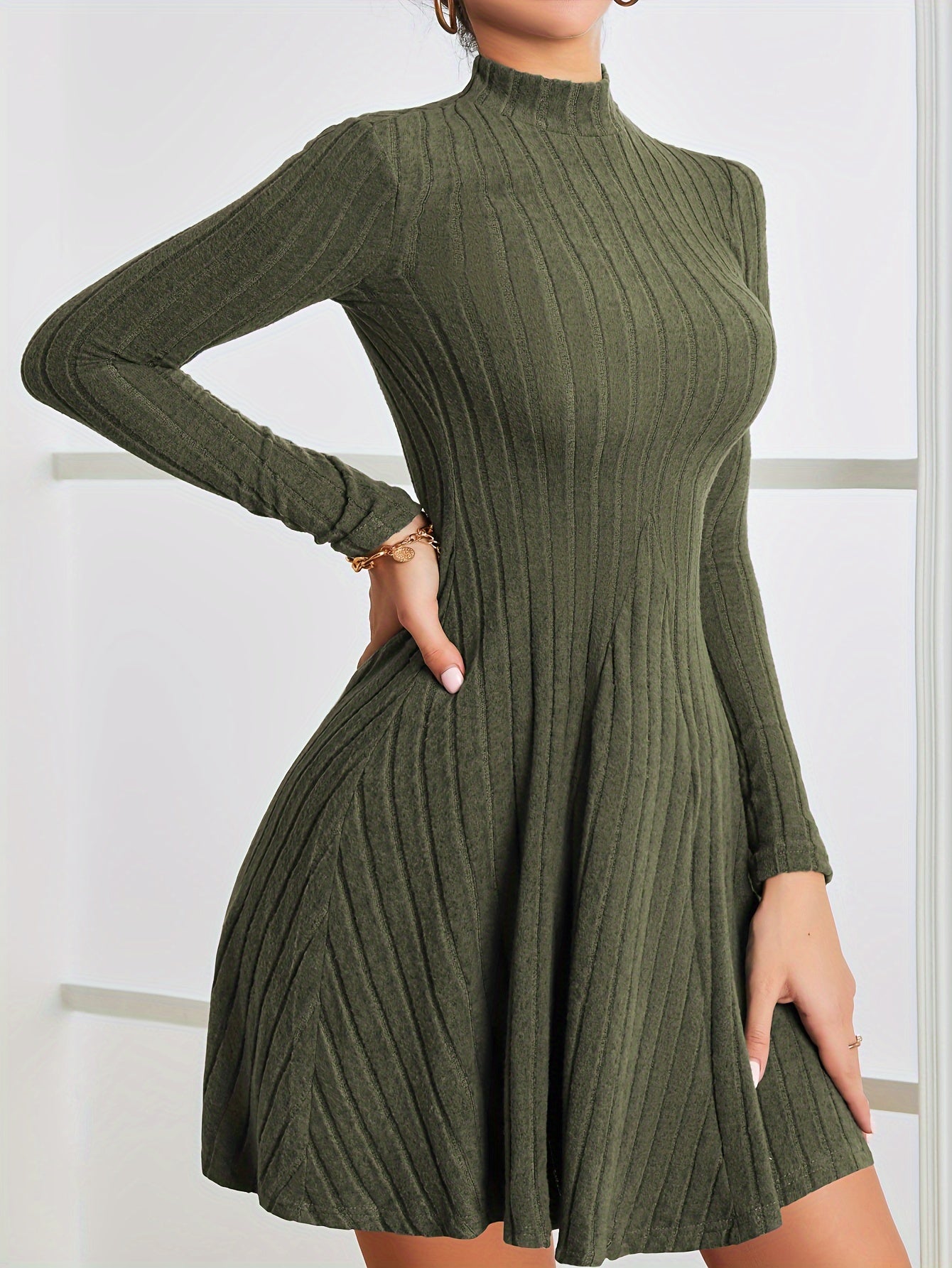 Solid Ribbed Dress, Casual Mock Neck Long Sleeve Dress, Women's Clothing