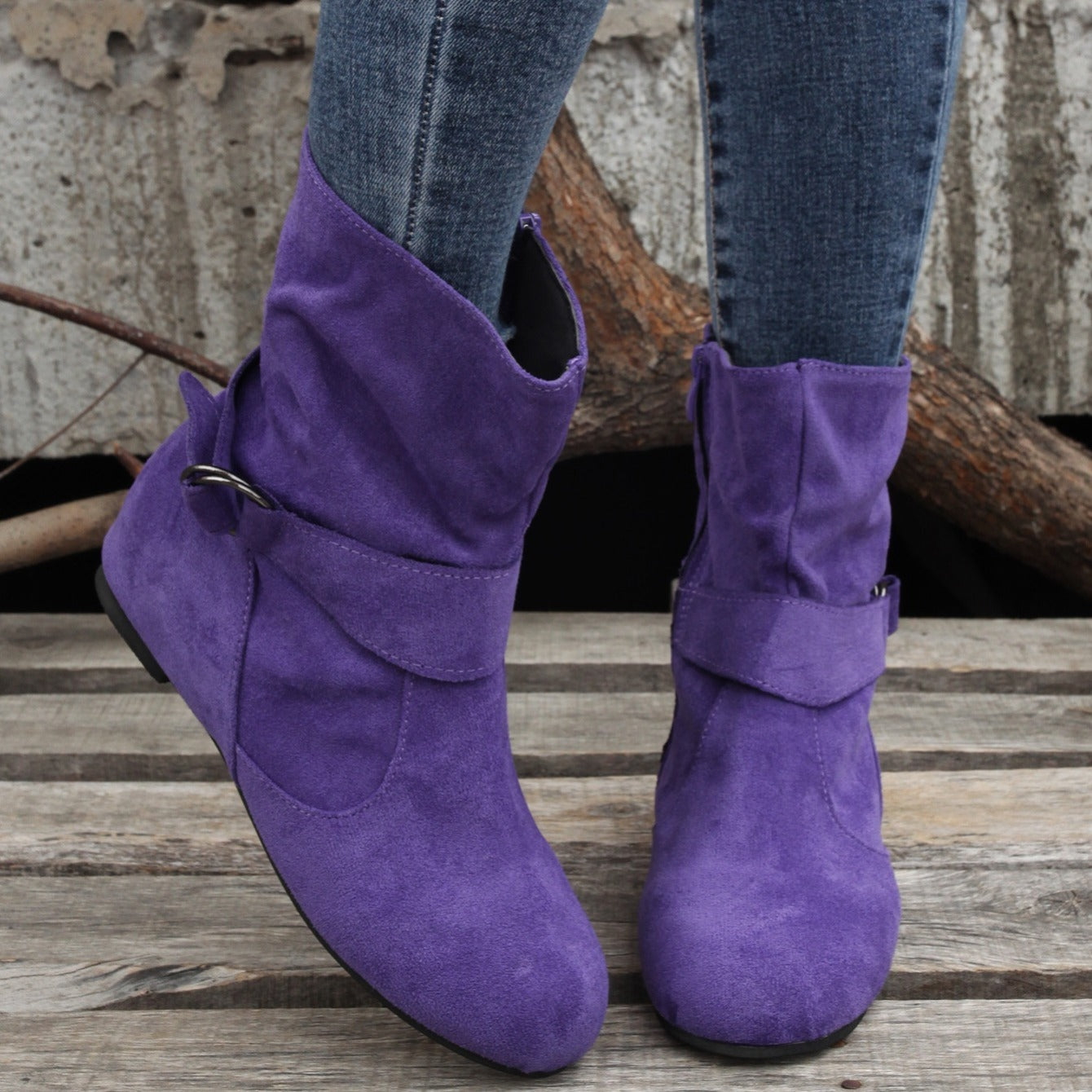 Womens Classic Solid Color Ankle Boots with Round-Toe Design - Fashion Buckle Belt & Side Zipper Closure - Ultra-Comfortable Outdoor Shoes for Stylish Adventures