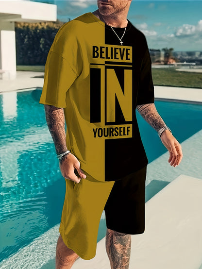 Believe In Yourself Print, Men's 2Pcs Outfits, Casual Crew Neck Short Sleeve T-shirt And Drawstring Shorts Set For Summer, Men's Clothing