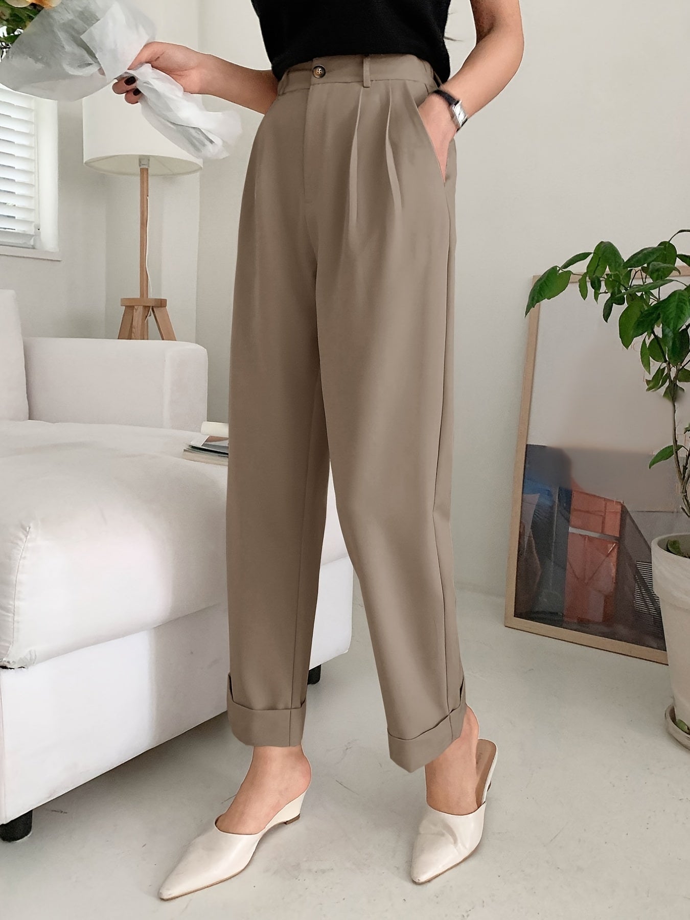 Chic Solid High Waist Pleated Pants - Flattering Draped Design, Straight Leg, Casual Style - Perfect for Womens Wardrobe