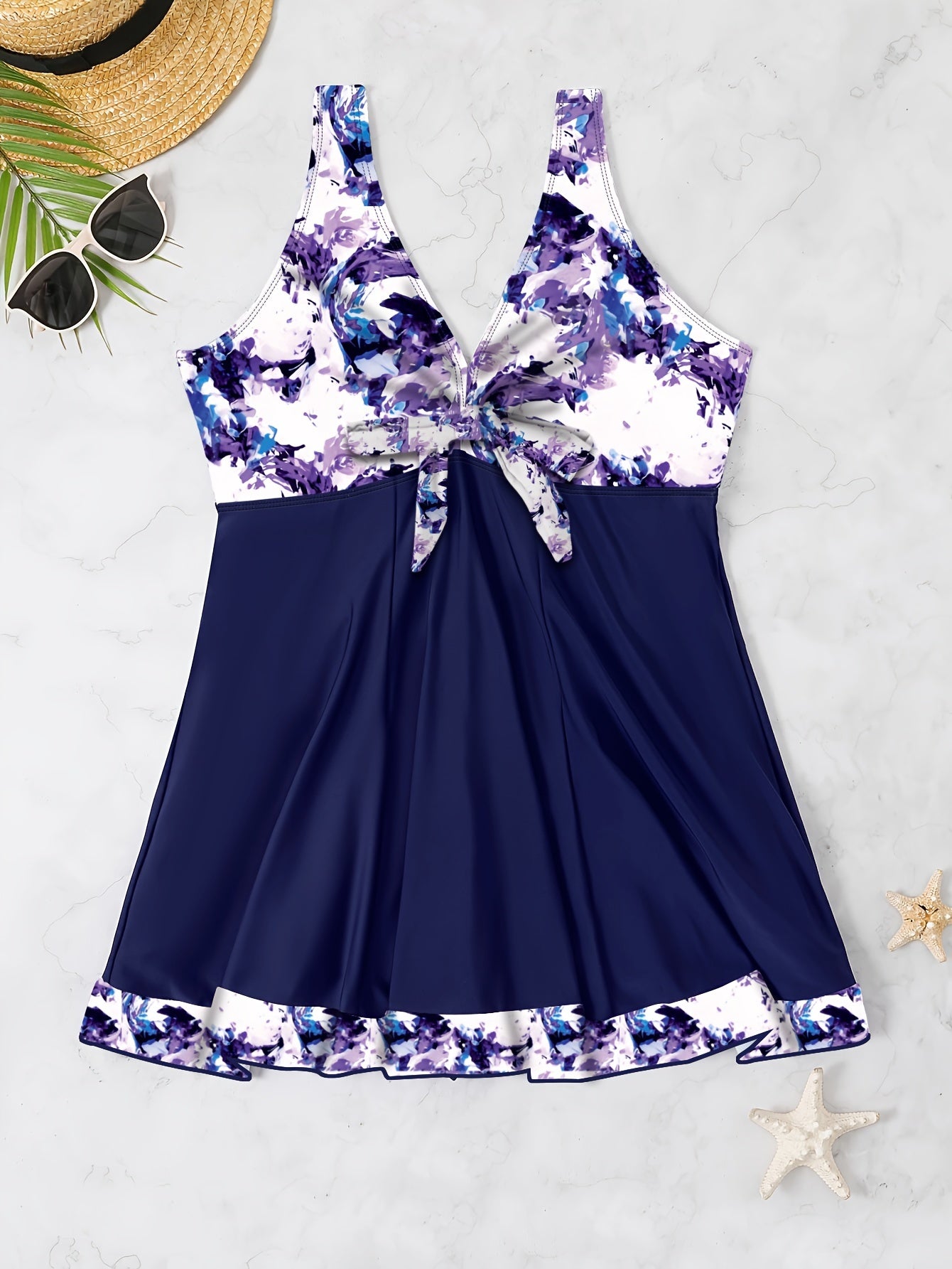 Plus Size Womens Vibrant Floral Print Tie Front V Neck One Piece Swimsuit - High Stretch, Comfortable, Vacation Essential - Polyester Knit Fabric, Random Printing, No Sheer