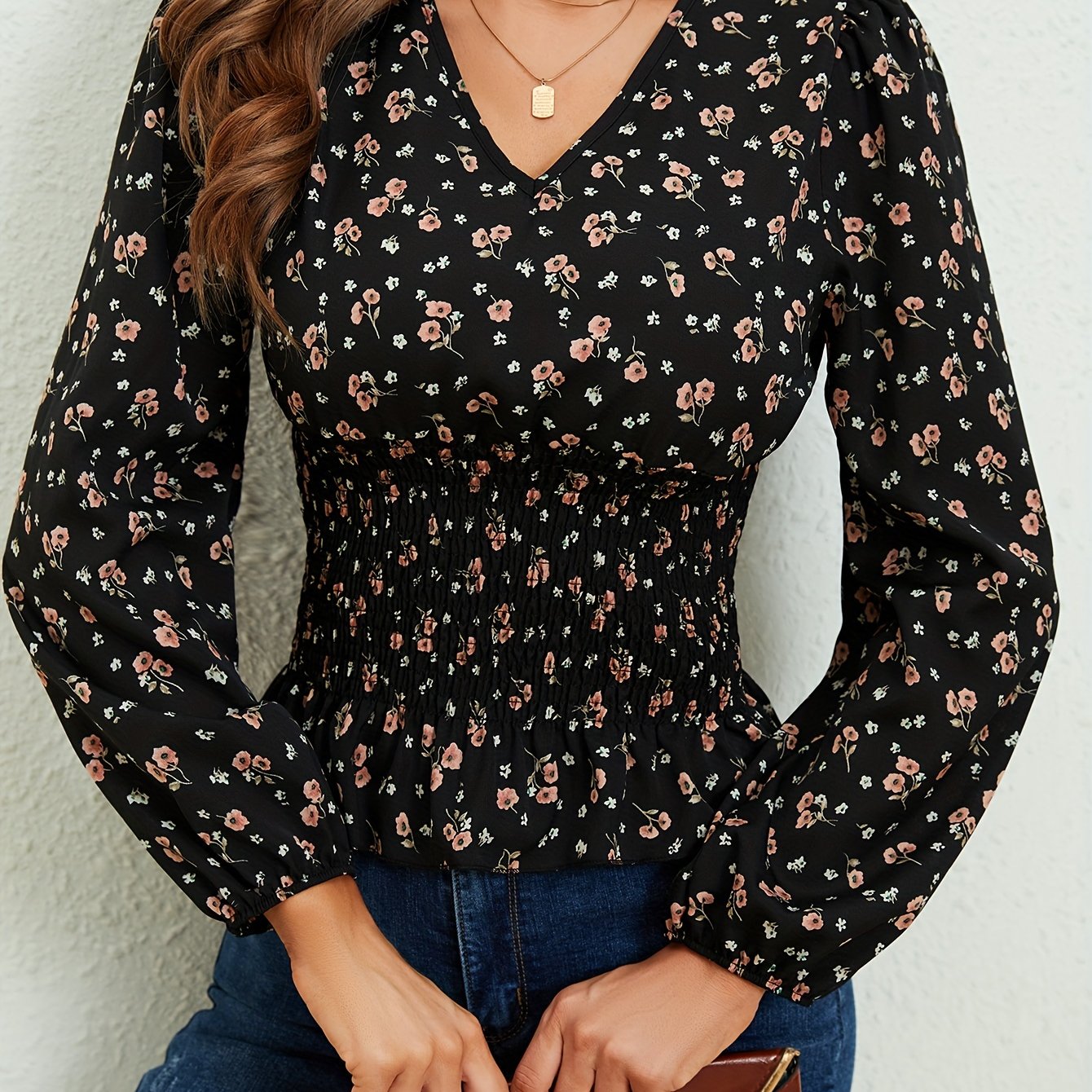 Ditsy Floral Print Shirred Blouse, Elegant Long Sleeve V Neck Blouse, Women's Clothing