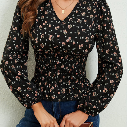 Ditsy Floral Print Shirred Blouse, Elegant Long Sleeve V Neck Blouse, Women's Clothing