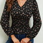Ditsy Floral Print Shirred Blouse, Elegant Long Sleeve V Neck Blouse, Women's Clothing