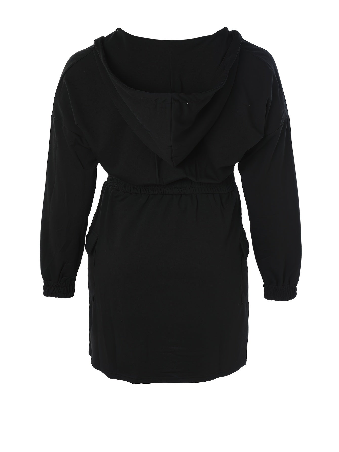 Plus Size Elegant Tunic Dress - Hooded, Shirred, Nipped Waist, Long Sleeve, Bodycon, Midi Length, Solid Color, Polyester, Machine Washable, Pocket Detail