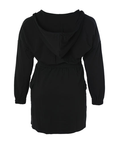 Plus Size Elegant Tunic Dress - Hooded, Shirred, Nipped Waist, Long Sleeve, Bodycon, Midi Length, Solid Color, Polyester, Machine Washable, Pocket Detail