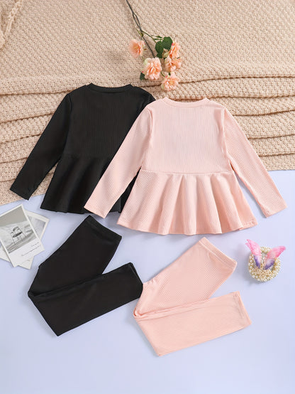 2 Sets Girl's Ribbed Outfit, Peplum Top & Pants Set, Casual Toddler Kid's Clothes For Spring Fall