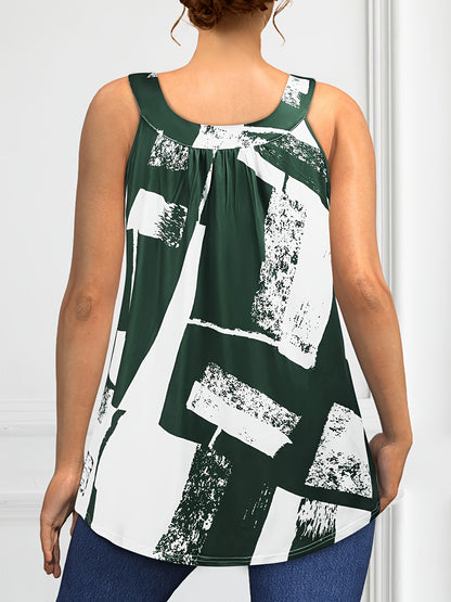 Plus Size Round Neck Colorblock Curved Hem Casual Tank Top