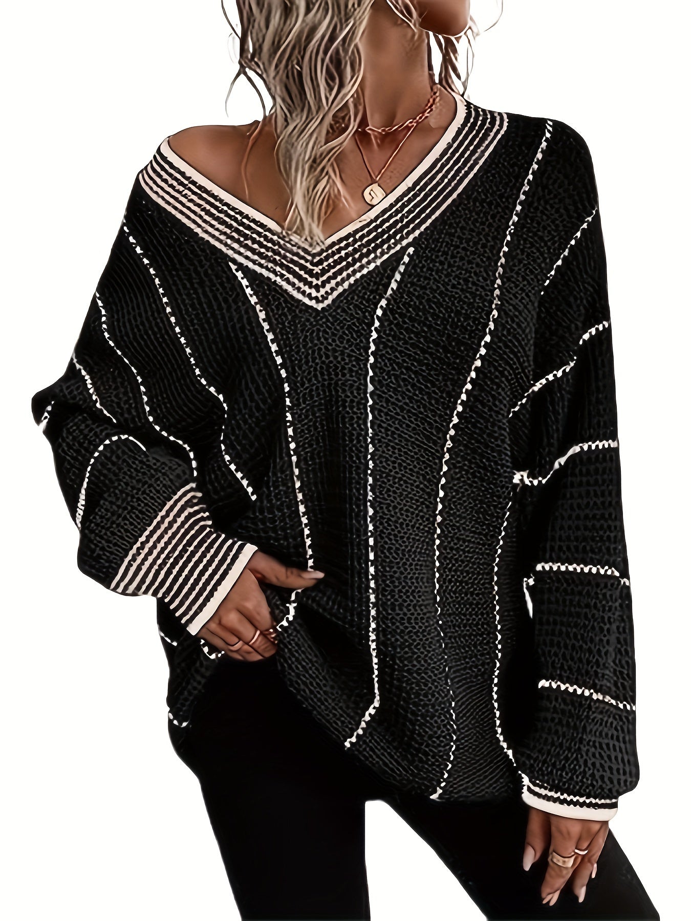 Striped V Neck Oversized Sweater, Casual Long Sleeve Comfy Sweater, Women's Clothing