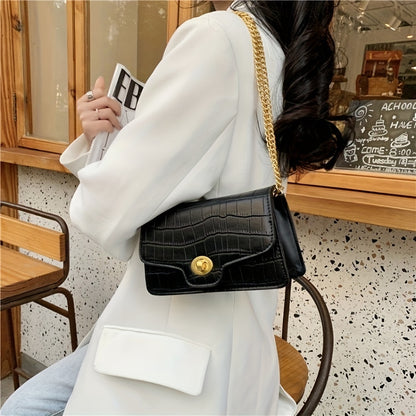Women's Crocodile Pattern Crossbody Bag - Retro Chain Shoulder Bag with Luxury Square Purse Design