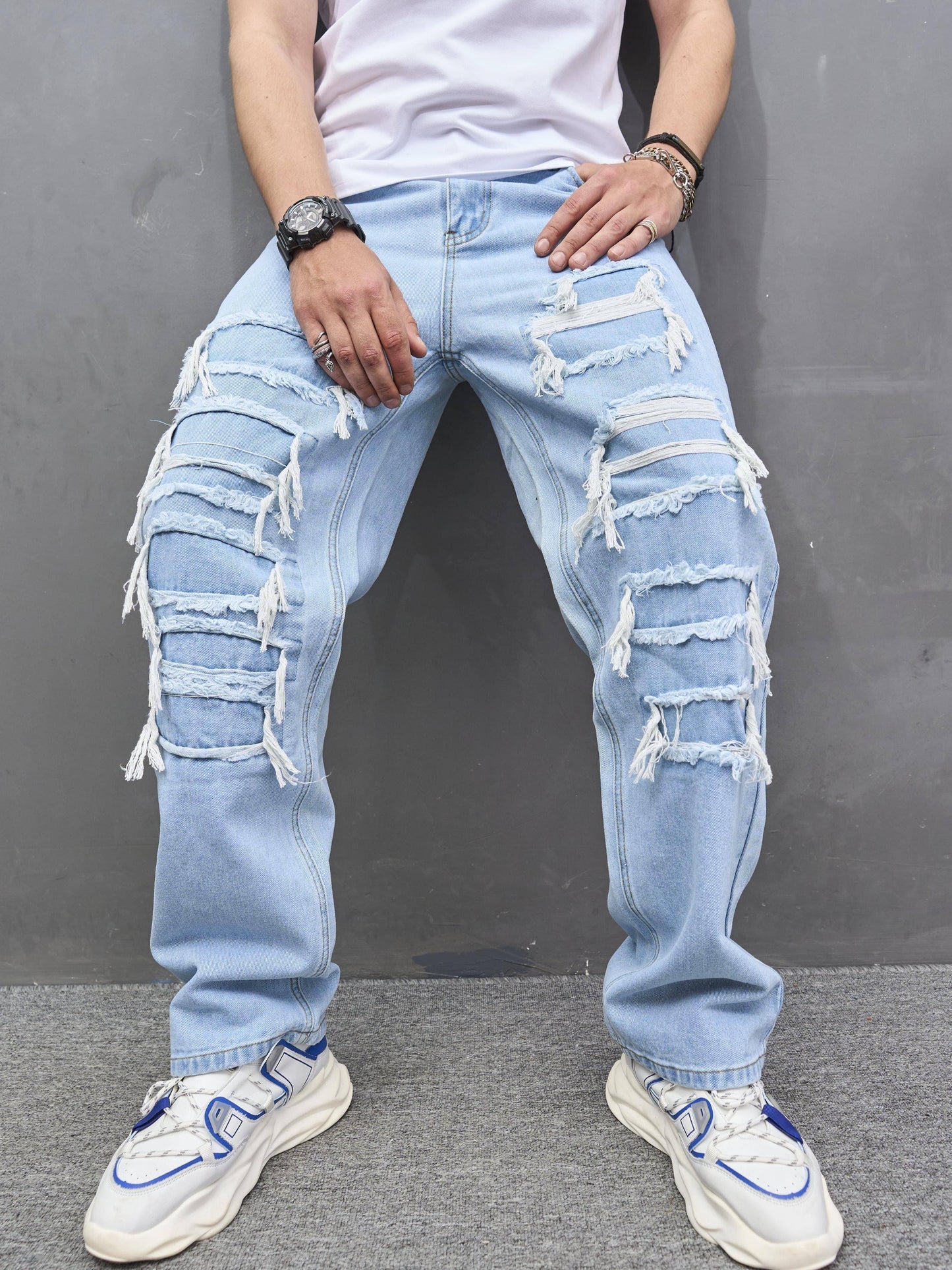 Men's Straight Leg Jeans, Casual Street Style Raw Trim Denim Pants With Pockets