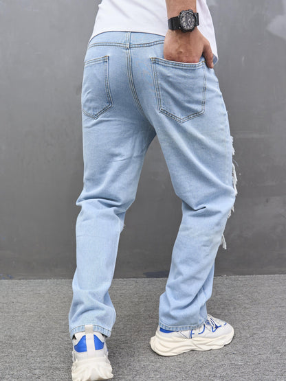 Men's Straight Leg Jeans, Casual Street Style Raw Trim Denim Pants With Pockets