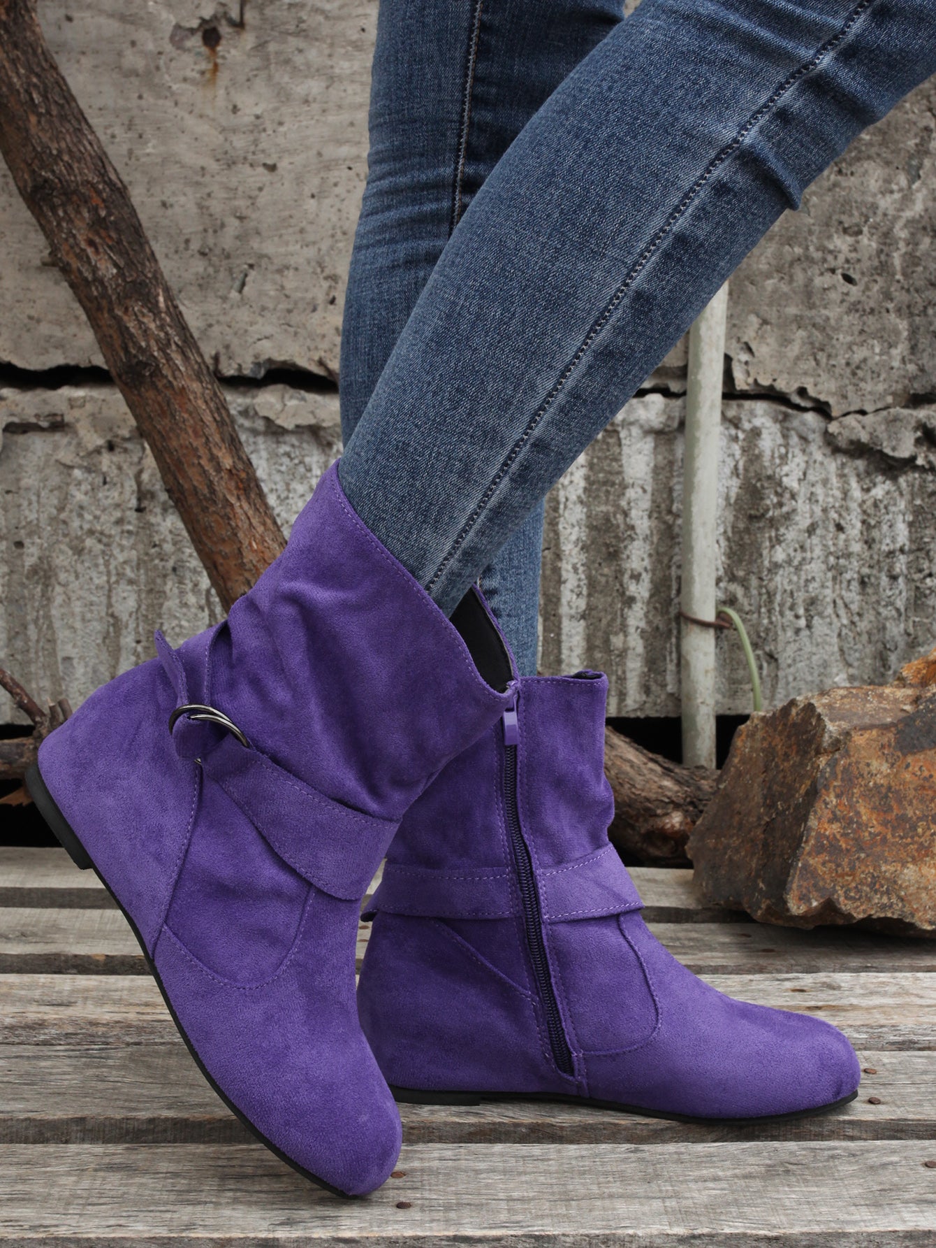 Womens Classic Solid Color Ankle Boots with Round-Toe Design - Fashion Buckle Belt & Side Zipper Closure - Ultra-Comfortable Outdoor Shoes for Stylish Adventures