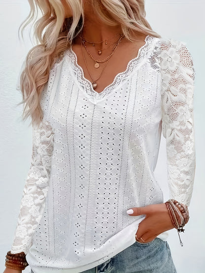 Chic Contrast Lace V-neck Eyelet T-Shirt - Fashionable Long Sleeves for Spring & Fall - A Stylish Womens Wardrobe Essential