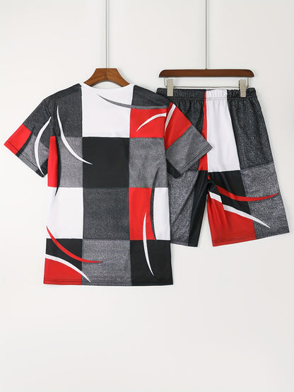 2pcs Sports Set, Men's Comfy Crew Neck Plaid Tee & Active Slightly Stretch Breathable Pants For Outdoor Activities