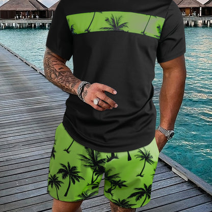 2Pcs Men's Tropical Coconut Tree Print Casual Outfits - Crew Neck Short Sleeve T-shirt & Drawstring Shorts Set - For Summer Vacation & Resorts - Men's Clothing