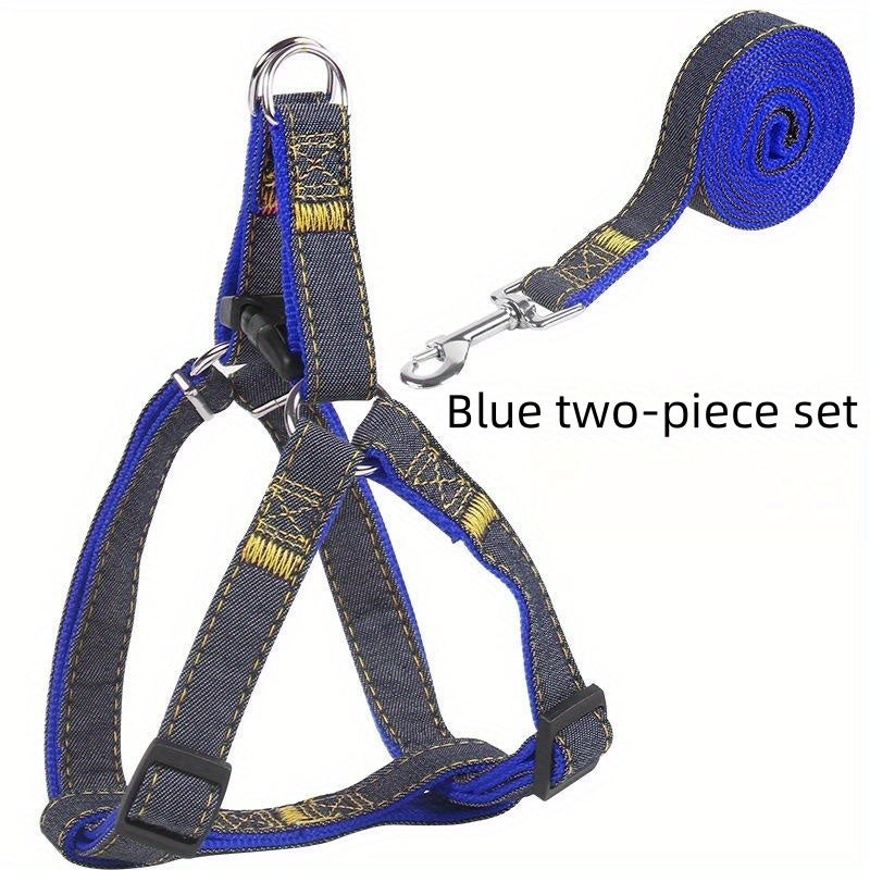 [Small to Large Adjustable Harness] Denim Dog Harness and Leash Set - Adjustable, Comfort Fit for Small to Large Breeds - Durable Polyester Material, Pulling Rope, Teddy