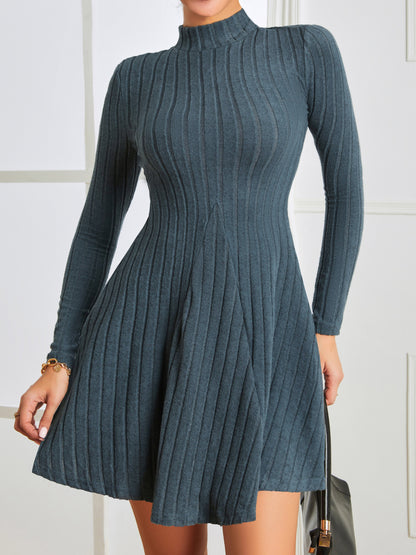 Solid Ribbed Dress, Casual Mock Neck Long Sleeve Dress, Women's Clothing