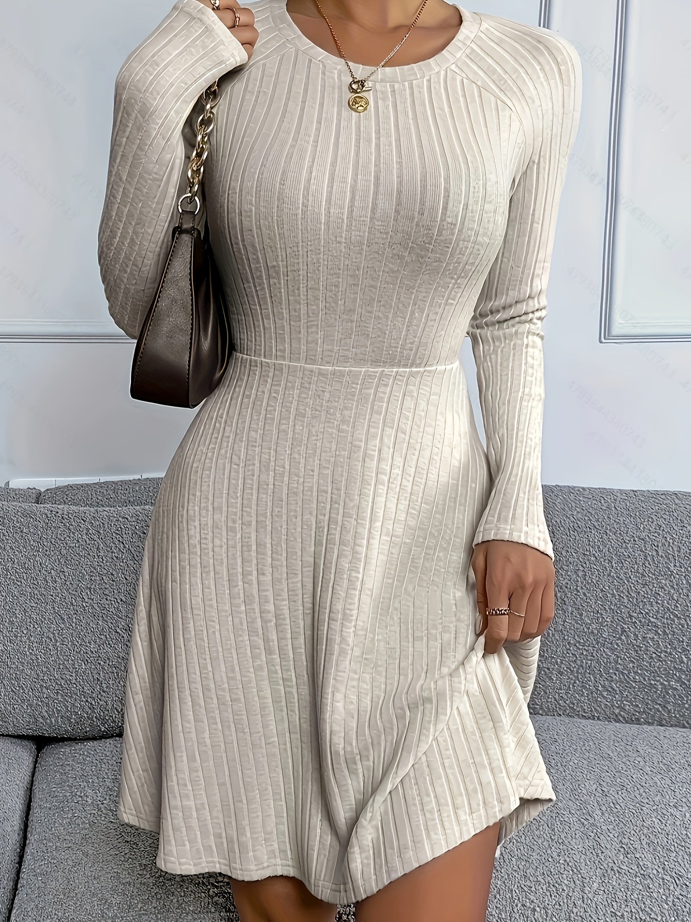Womens Classic Ribbed Long Sleeve Dress - Stretchy, Solid Color, Elegant Crew Neck - Perfect for Everyday Style