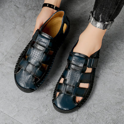 Men's Retro Brown Faux Leather Sandals - Adjustable Hook and Loop Fastener, Non-Slip Rubber Sole, Comfortable Open-Toe Slides for Outdoor Hiking, Trekking, Beach Wear | Spring/Summer/Autumn