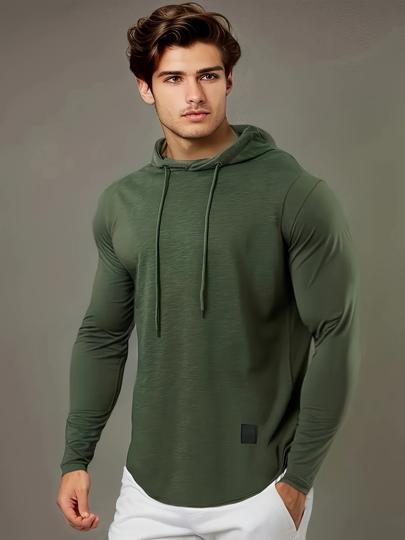 [1pc Long Sleeve Casual Hoodie] 1pc Men'S Casual Fashion Hoodie - Long Sleeve, Solid Color, Regular Fit, Knit Polyester, Micro-Elastic, Regular Length, Crew Neck Pullover