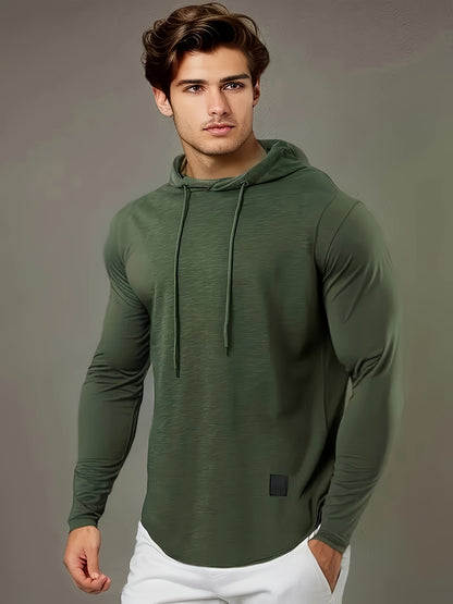 [1pc Long Sleeve Casual Hoodie] 1pc Men'S Casual Fashion Hoodie - Long Sleeve, Solid Color, Regular Fit, Knit Polyester, Micro-Elastic, Regular Length, Crew Neck Pullover