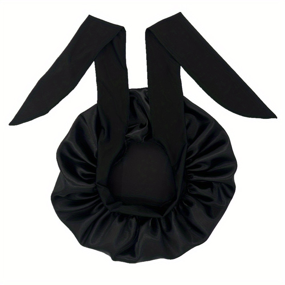 ZTZI Jumbo Satin Sleep Bonnet with Adjustable Elastic Tie Band - Large Black Hair Bonnet for Women, Stretchy Straps for Long Curly Braid Hair Protection, Soft Polyester Material