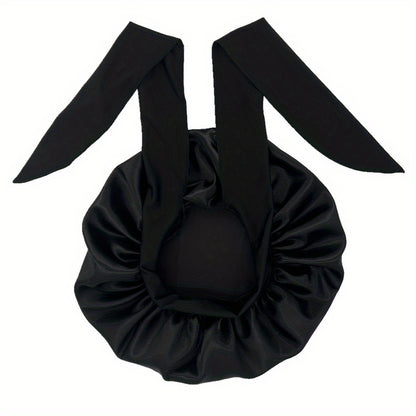ZTZI Jumbo Satin Sleep Bonnet with Adjustable Elastic Tie Band - Large Black Hair Bonnet for Women, Stretchy Straps for Long Curly Braid Hair Protection, Soft Polyester Material