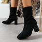 Women's Breathable Knit Block Heels, Fashion Solid Color Sock Boots, Comfortable Slip On Dress Boots