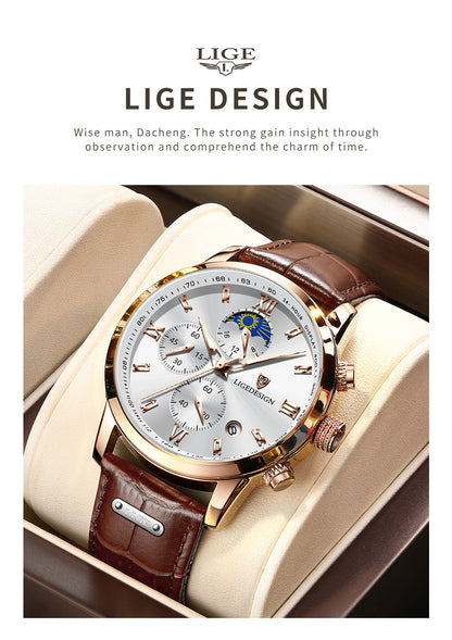 LIGE Men Watch Luxury PU Leather Sport Quartz Wristwatch Chronograph Watch For Men Masculino Men Gift Christmas Gift