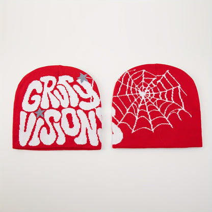 1pc Men's Funky "GRU VISION" Spider Web Knit Beanie - 100% Acrylic, Trendy Letter & Star Design in Multiple Colors, Soft & Stretchy Fabric for Casual Attire