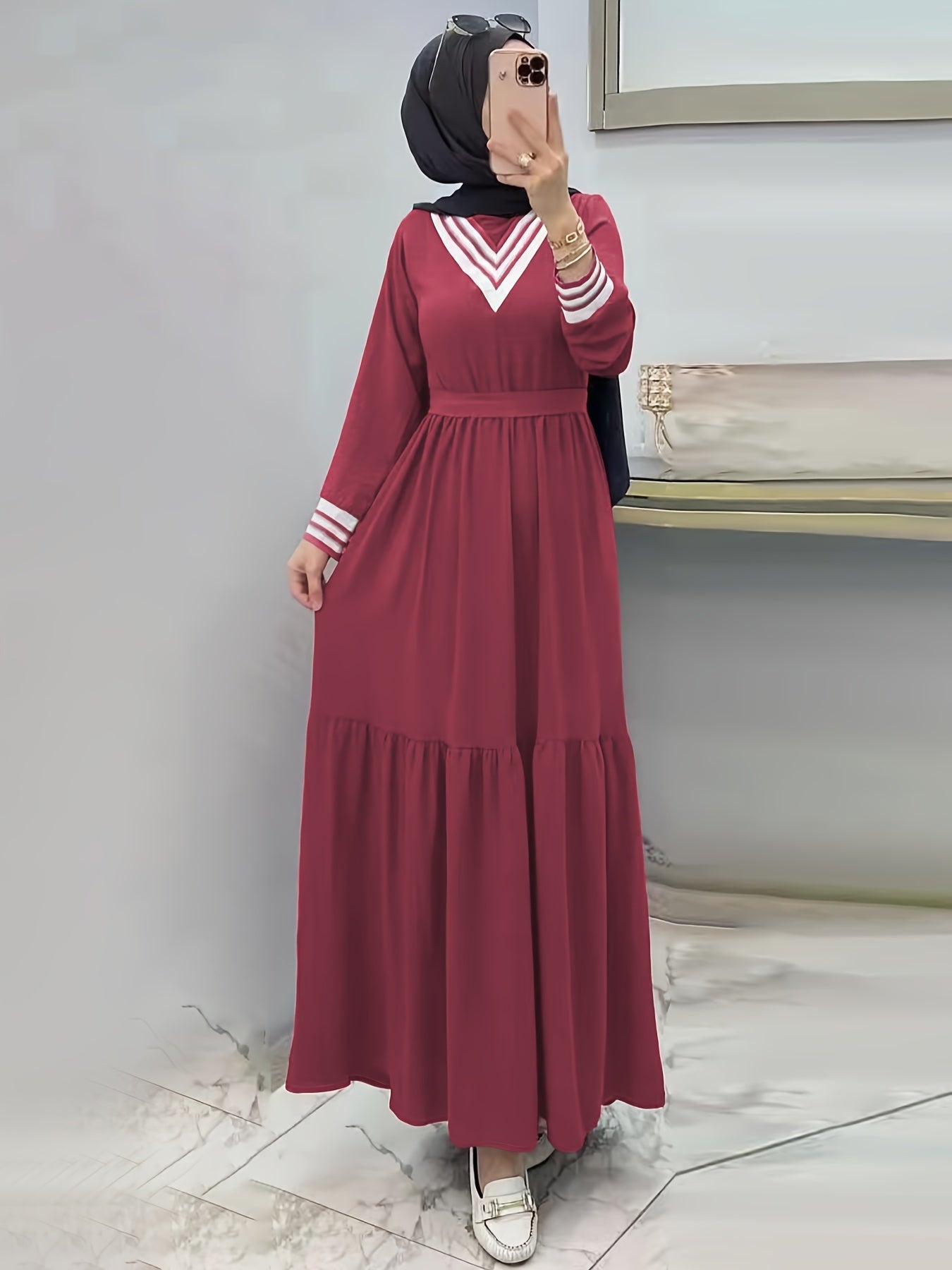 Ramadan Elegant Long Sleeve Tie Waist Maxi Modest Dress - Abayas for Women with Solid Color, Comfortable Wear, and Modest Fashion - Perfect for Islamic Occasions and Everyday Wear