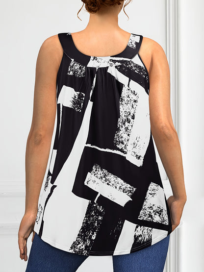 Plus Size Round Neck Colorblock Curved Hem Casual Tank Top