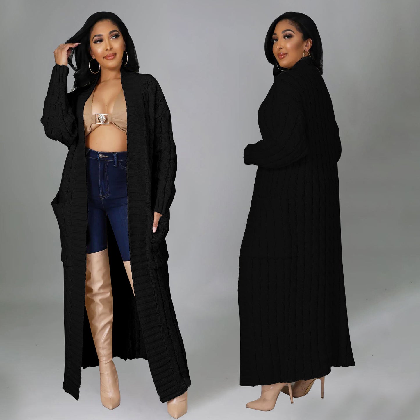 Plus Size Solid Jacquard Longline Cardigan, Women's Plus Medium Stretch Elegant Sweater Cardigan