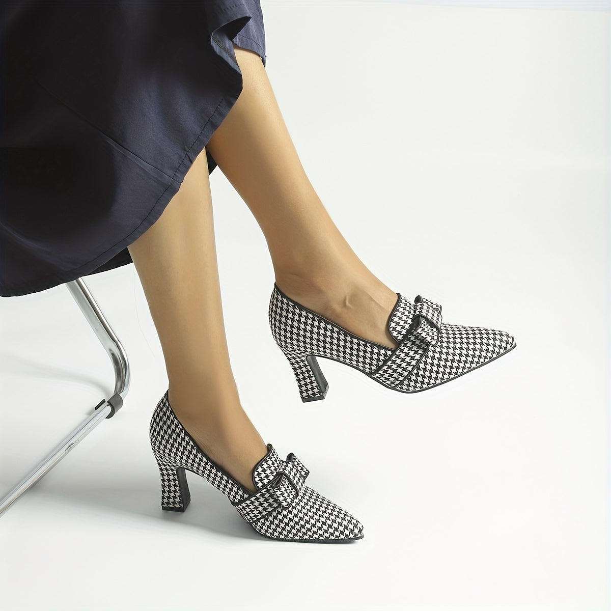 Women's High Heel Single Shoes with Deep Mouth Houndstooth Pattern