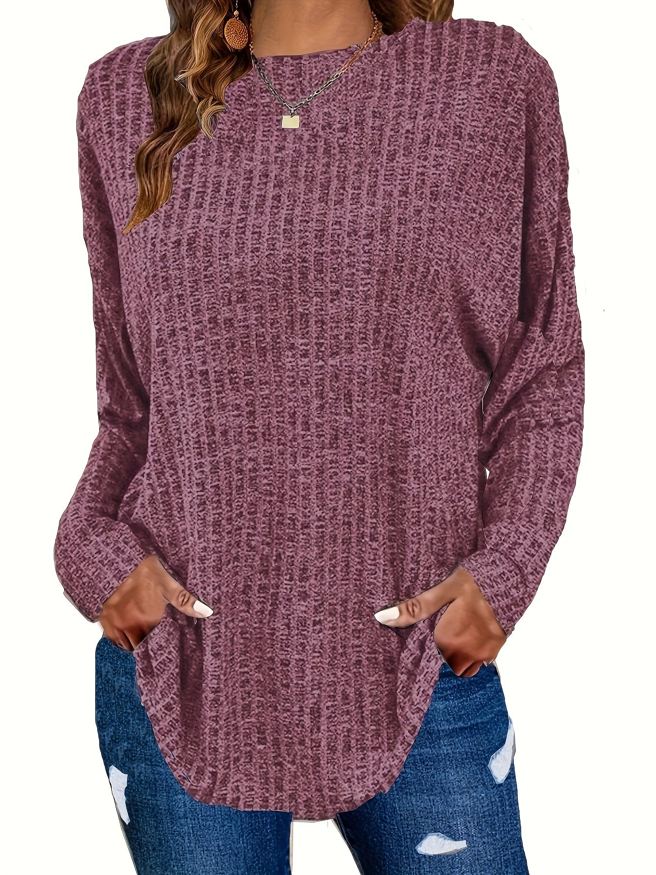 Plus Size Casual Sweater, Women's Plus Solid Ribbed Long Sleeve Round Neck Knit Top