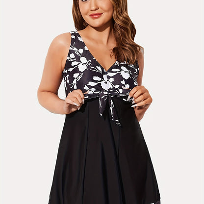 Plus Size Womens Vibrant Floral Print Tie Front V Neck One Piece Swimsuit - High Stretch, Comfortable, Vacation Essential - Polyester Knit Fabric, Random Printing, No Sheer