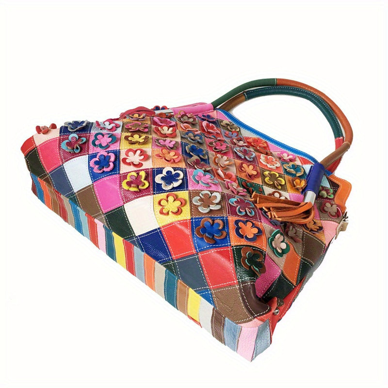 Retro 3D Flower Embroidery Tote Bag, Women's Colorblock Patchwork Purse, Large Capacity Genuine Leather Crossbody Bag