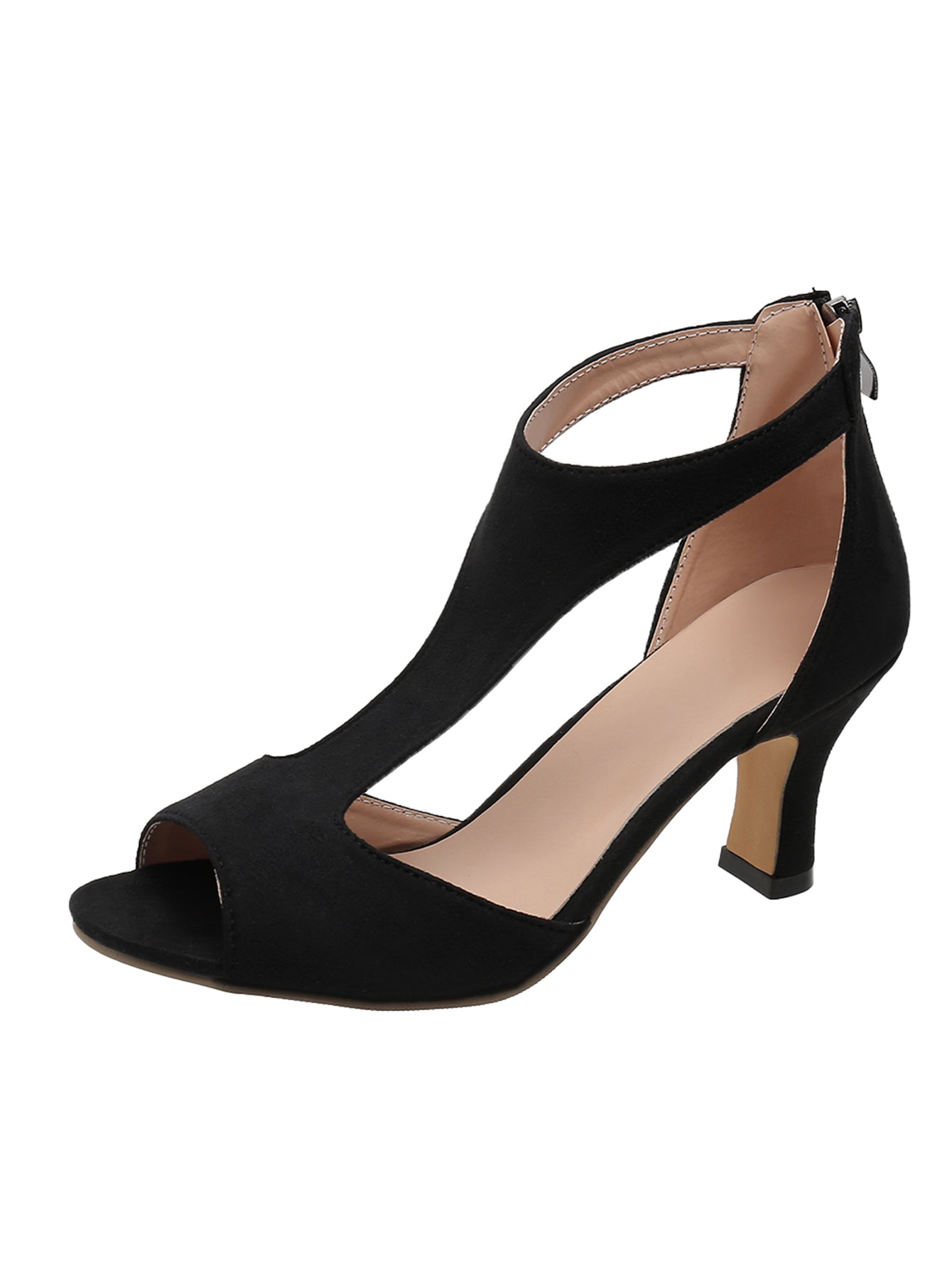 Chunky Heel Women's High Heels, Peep Toe T-strap Back Zipper Sandals, Fashion Black Shoes