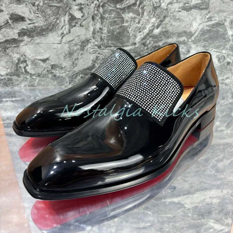 Mocassins scintillants en cuir verni noir formel strass cristal incrusté sans lacet chaussures habillées fête peau de vache chaussures de mariage pour hommes