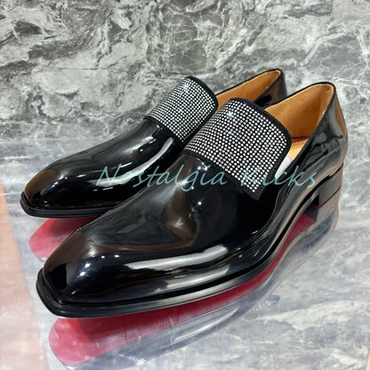 Mocassins scintillants en cuir verni noir formel strass cristal incrusté sans lacet chaussures habillées fête peau de vache chaussures de mariage pour hommes