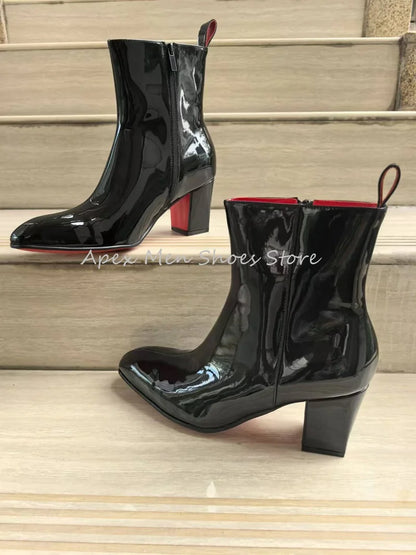2025 bottes de travail en cuir verni noir brillant pour hommes doublure rouge fermeture éclair gros talon haut bottines de luxe en peau de vache bottes modernes