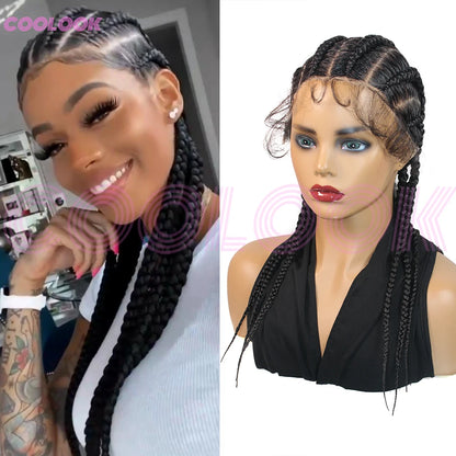 360 pleine dentelle Cornrow tressé perruques pour les femmes noires synthétique sans noeud 20 "sans colle tressé perruque avec des cheveux de bébé déesse tresses perruque