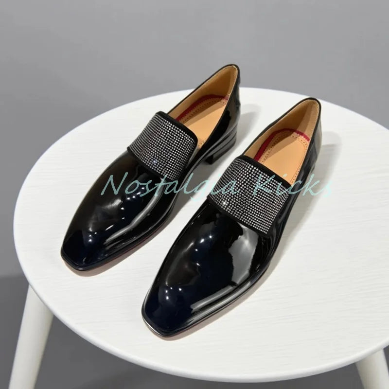 Mocassins scintillants en cuir verni noir formel strass cristal incrusté sans lacet chaussures habillées fête peau de vache chaussures de mariage pour hommes
