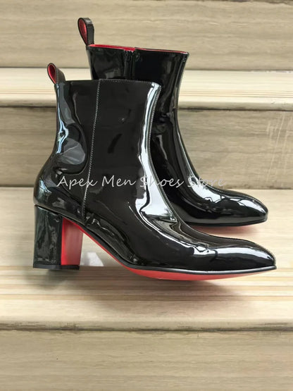 2025 bottes de travail en cuir verni noir brillant pour hommes doublure rouge fermeture éclair gros talon haut bottines de luxe en peau de vache bottes modernes