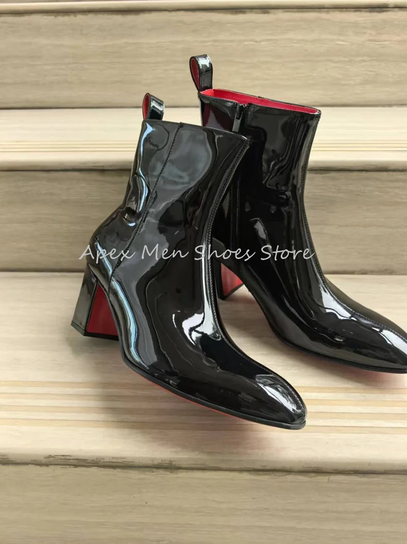 2025 bottes de travail en cuir verni noir brillant pour hommes doublure rouge fermeture éclair gros talon haut bottines de luxe en peau de vache bottes modernes