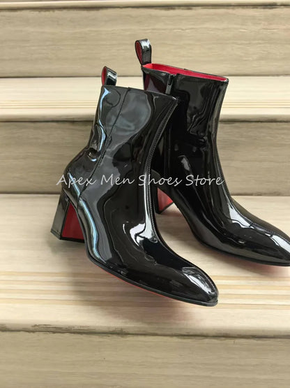2025 bottes de travail en cuir verni noir brillant pour hommes doublure rouge fermeture éclair gros talon haut bottines de luxe en peau de vache bottes modernes