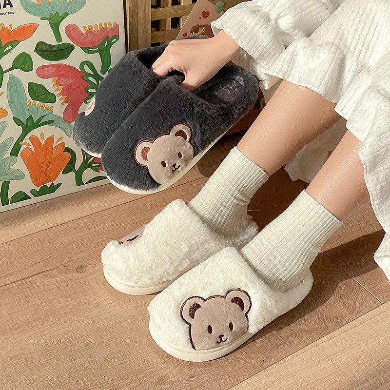 Ours en peluche pantoufles pour femmes hommes mode Kawaii moelleux hiver chaud pantoufles amoureux dessin animé ours en peluche maison chaussures TG03
