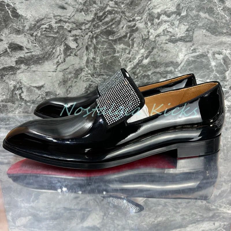 Mocassins scintillants en cuir verni noir formel strass cristal incrusté sans lacet chaussures habillées fête peau de vache chaussures de mariage pour hommes
